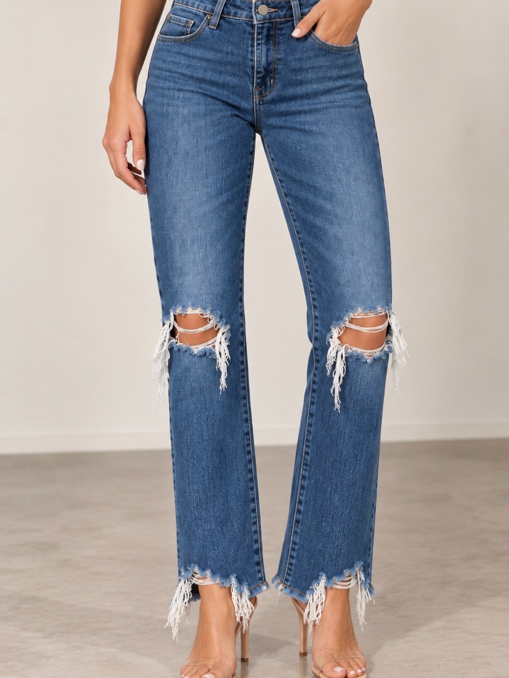 L'AGENCE Medium Blue High-Rise Distressed Straight Leg Jeans Sz 28
